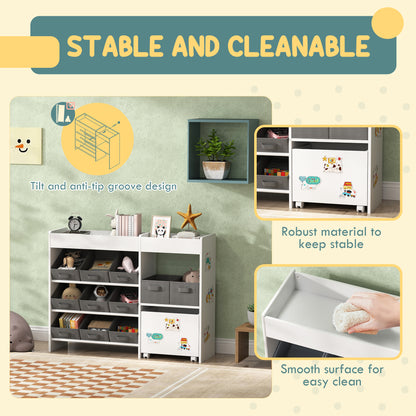 Kids Toy Storage Unit with 11 Bins, Cabinet, Top Shelves, 3 Stickers, for Nursery, Playroom, White