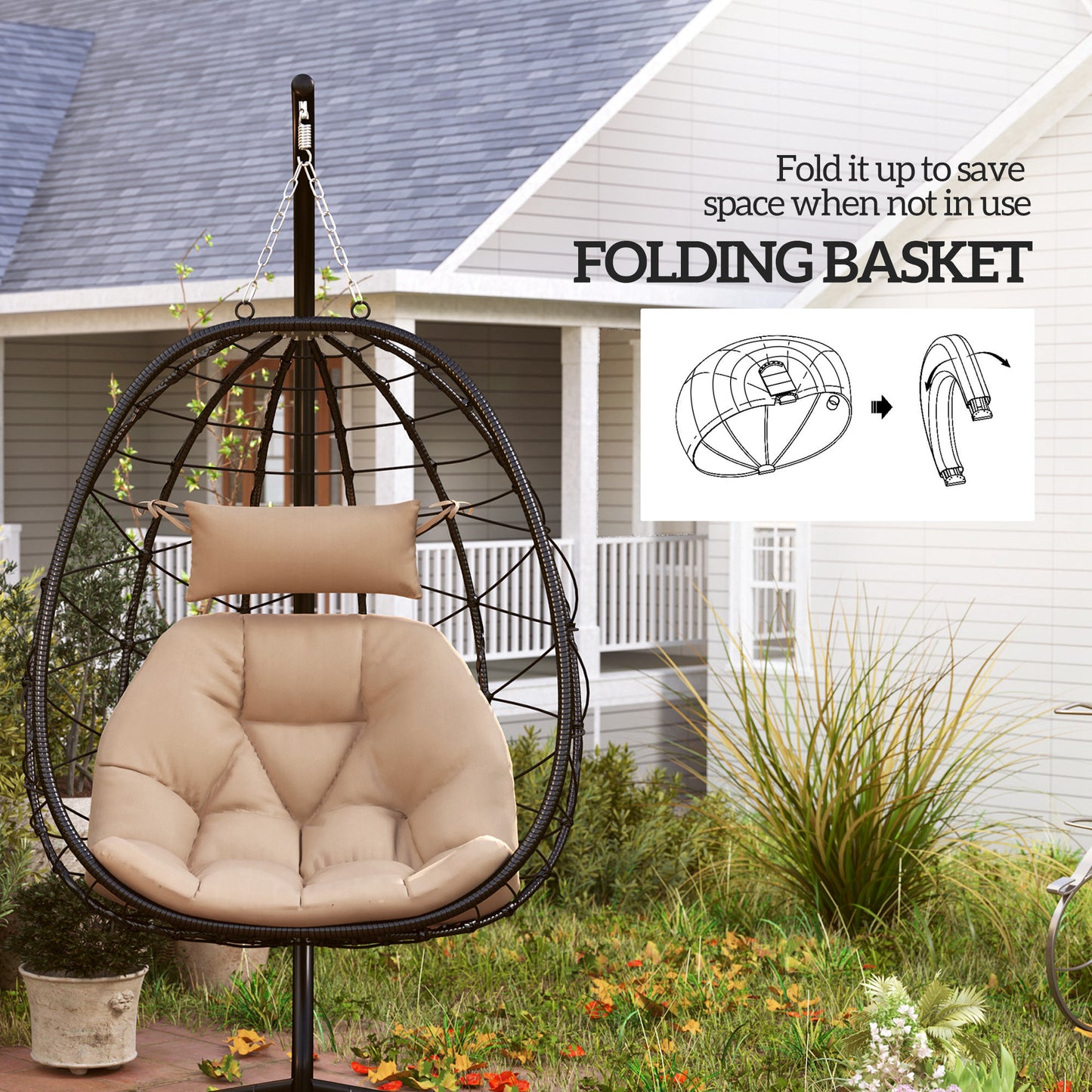 Hanging Egg Chair Outdoor Indoor Garden Swing Chair with Folding Basket, Thickened Cushion, Garden Hanging Chair with Stand