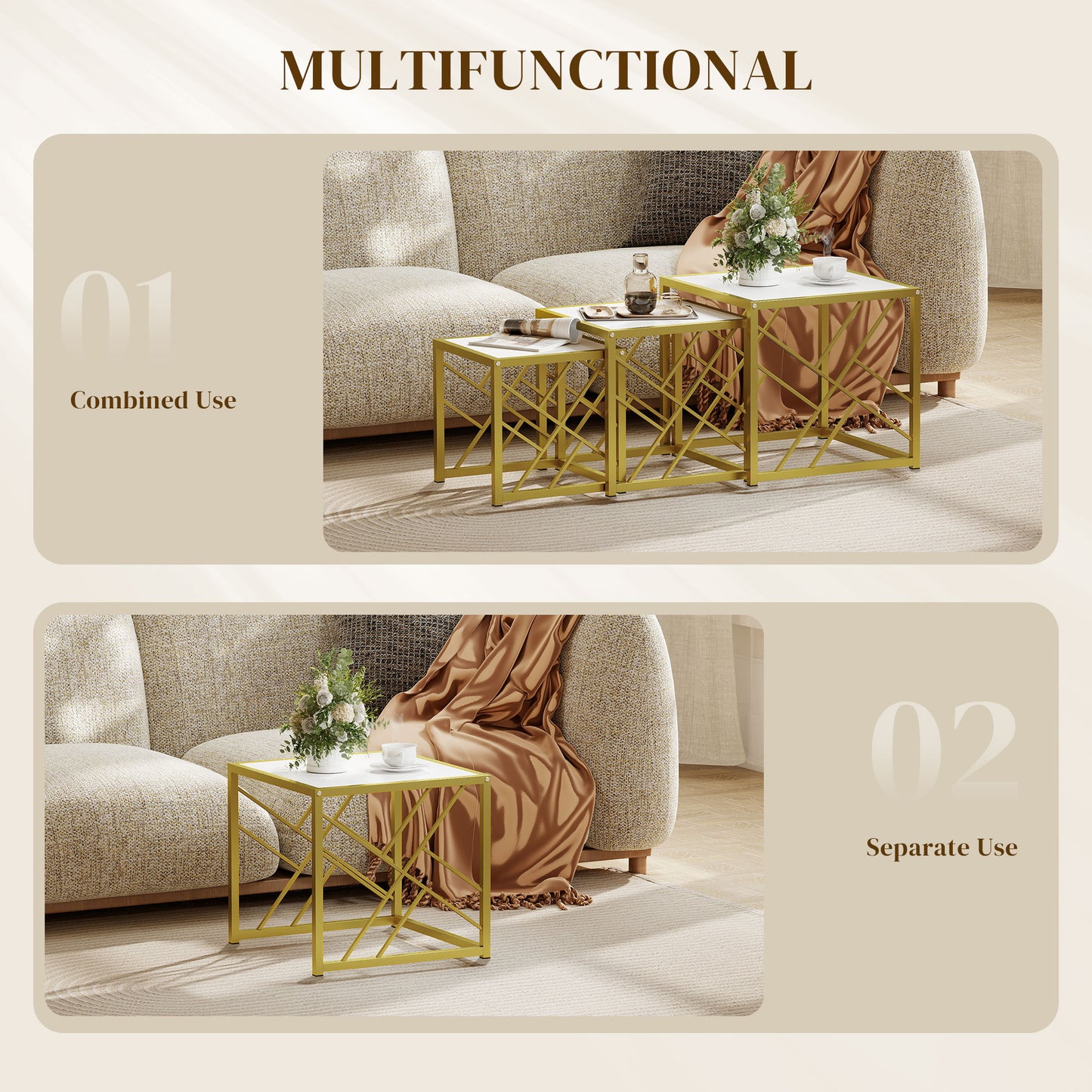 Nesting Coffee Tables, Set of 3 Square Side Tables with Gold Metal Frame, for Living Room, Bedroom and Office, White