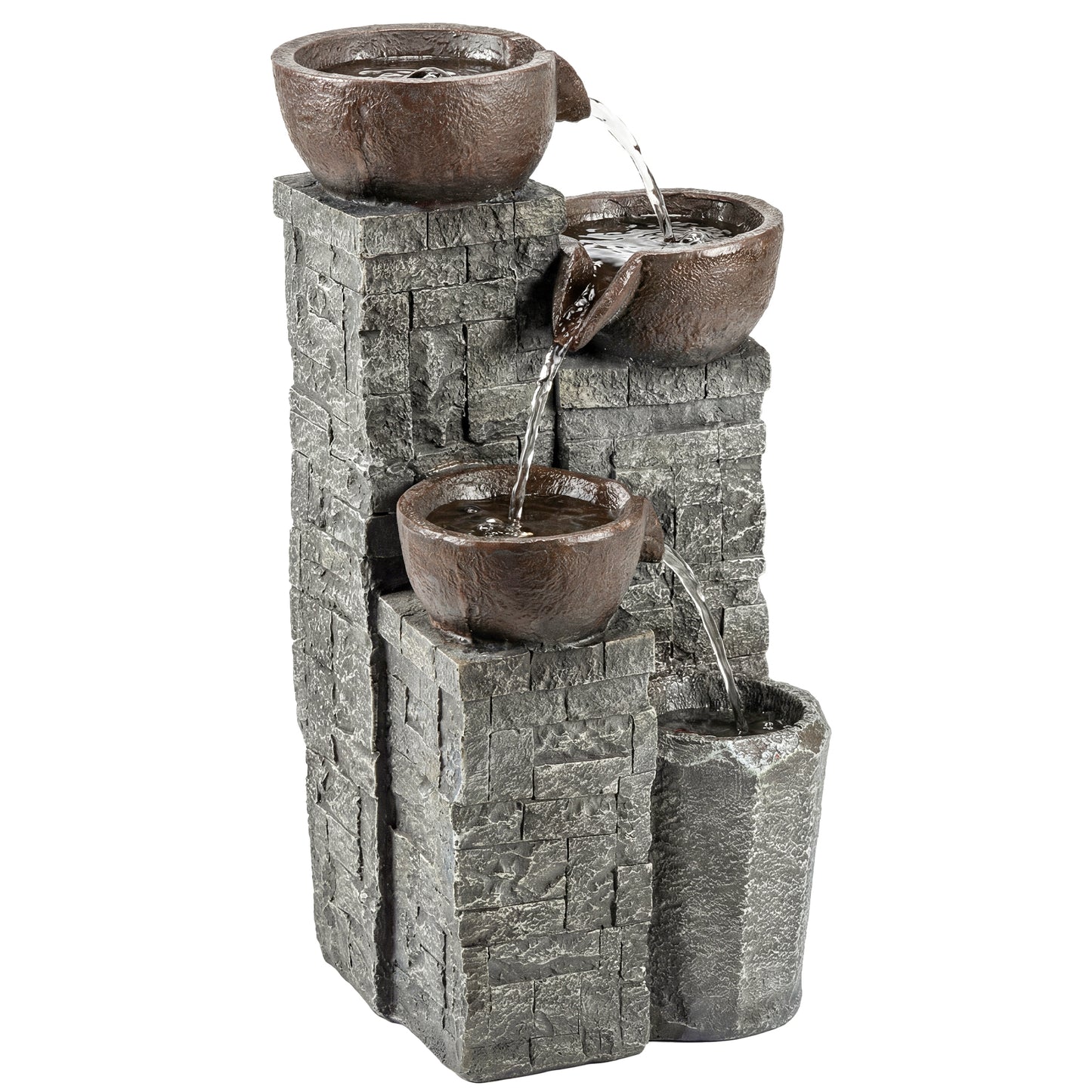 4-Tier Outdoor Fountain, Cascading Waterfall, Garden Fountain with LED Lights, Adjustable Flow, Grey and Rustic Brown