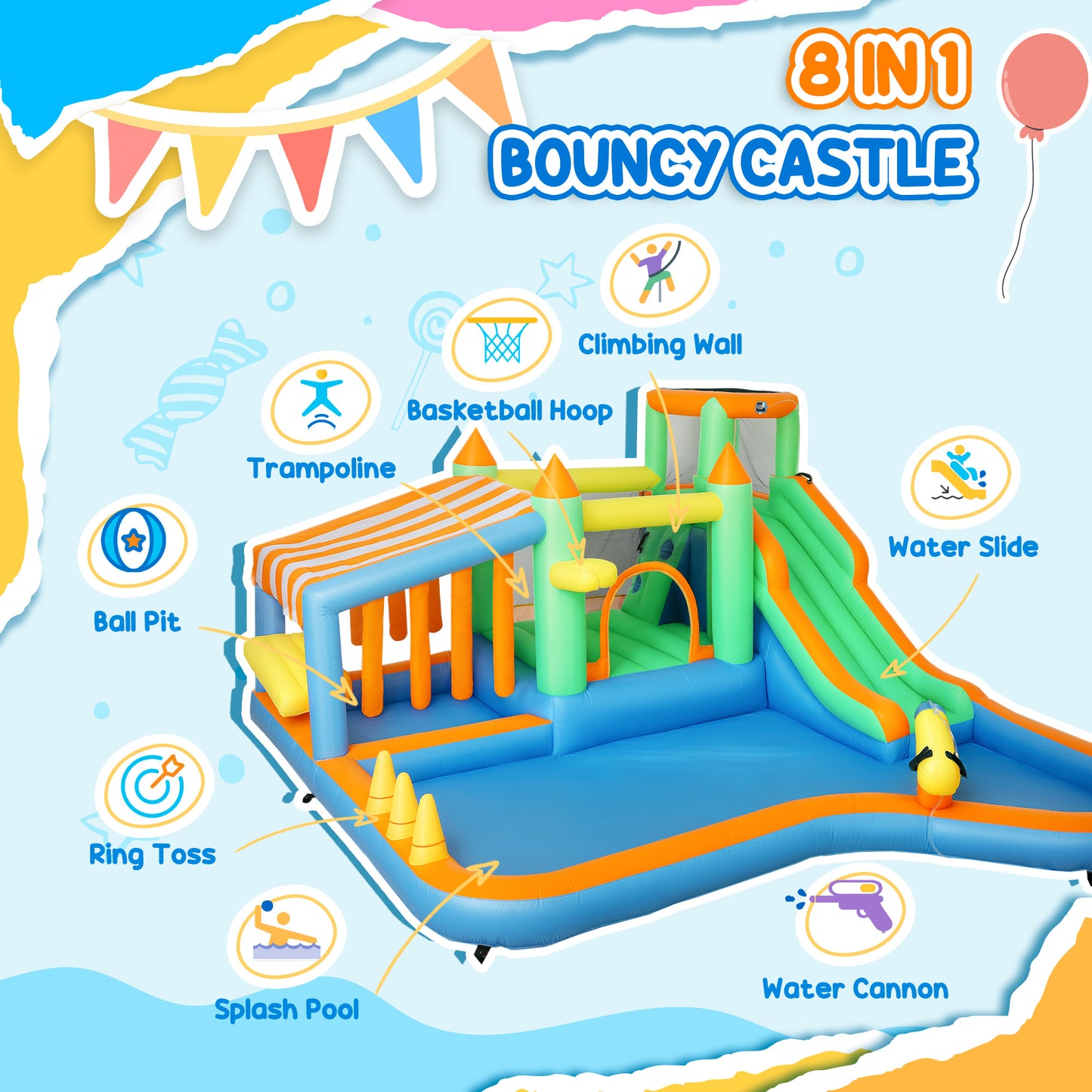 8 in 1 Inflatable Bounce House with 550W Blower, Slide, 2 Pools, Basketball Hoop, Climbing Wall, Water Gun, Ring Toss