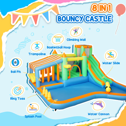 8 in 1 Inflatable Bounce House with 550W Blower, Slide, 2 Pools, Basketball Hoop, Climbing Wall, Water Gun, Ring Toss
