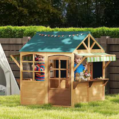 Wooden Playhouse for Kids, Foldable Wendy House with Windows, Working Door, Service Stations, Rain Covers, Brown