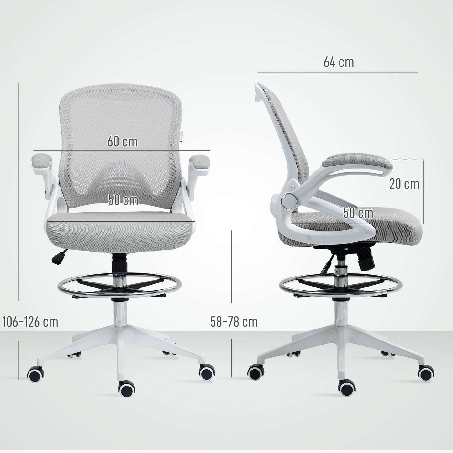 Drafting Chair with Flip-up Armrest, Mesh Office Stool with Foot Ring