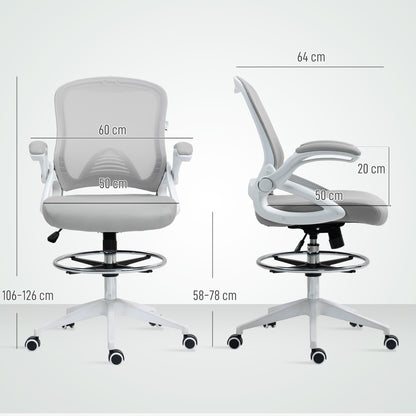 Drafting Chair with Flip-up Armrest, Mesh Office Stool with Foot Ring