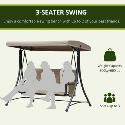 3 Seater Garden Swing Seat Outdoor Swing Chair with High Back Design, Steel Frame, Side Pouches, Adjustable Canopy, Brown