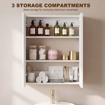 Wall Mounted Bathroom Mirror Storage Cabinet w/ Door Adjustable Shelf, White