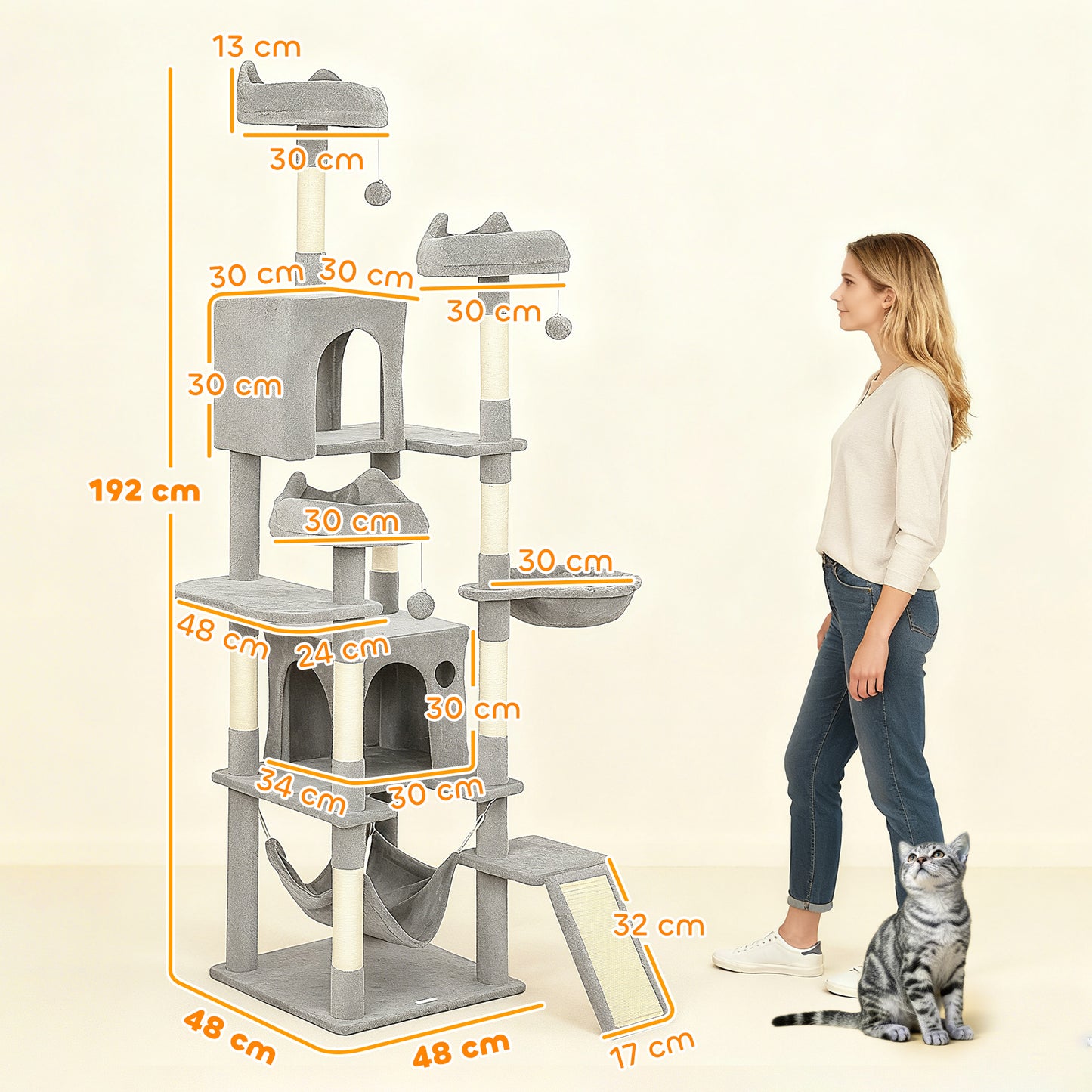 Cat Tree, 192 cm Large Multi-Level Cat Tower for Indoor Kittens with 8 Scratching Posts, 3 Plush Beds, 2 Hammocks