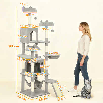 Cat Tree, 192 cm Large Multi-Level Cat Tower for Indoor Kittens with 8 Scratching Posts, 3 Plush Beds, 2 Hammocks