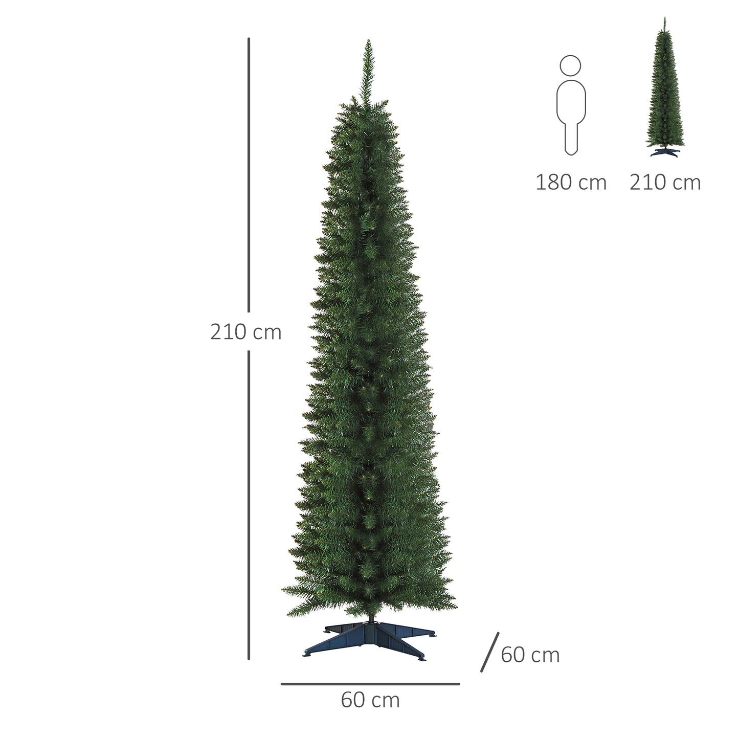 7ft Unlit Artificial Christmas Tree, Pencil Slim Xmas Tree with Solid Stand and Realistic Branches, Green