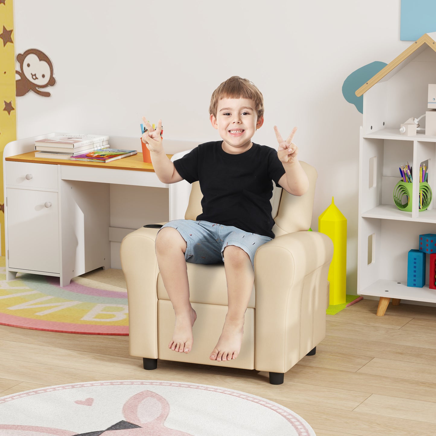 Kids Recliner Chair, PU Leather with Adjustable Backrest, Footrest, Padded Headrest, Beige