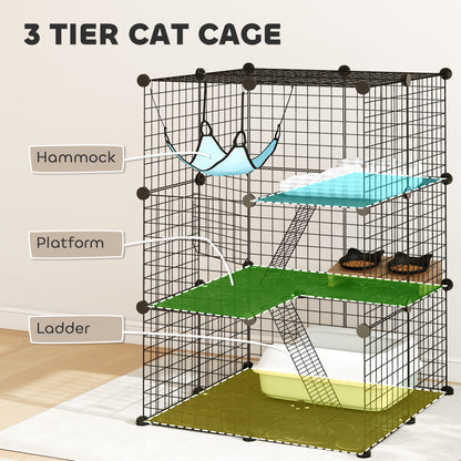 Indoor Cat Cage DIY Customizable 3-Tier Indoor Cat Enclosure with 3 Doors and Hammock 105 cm Black