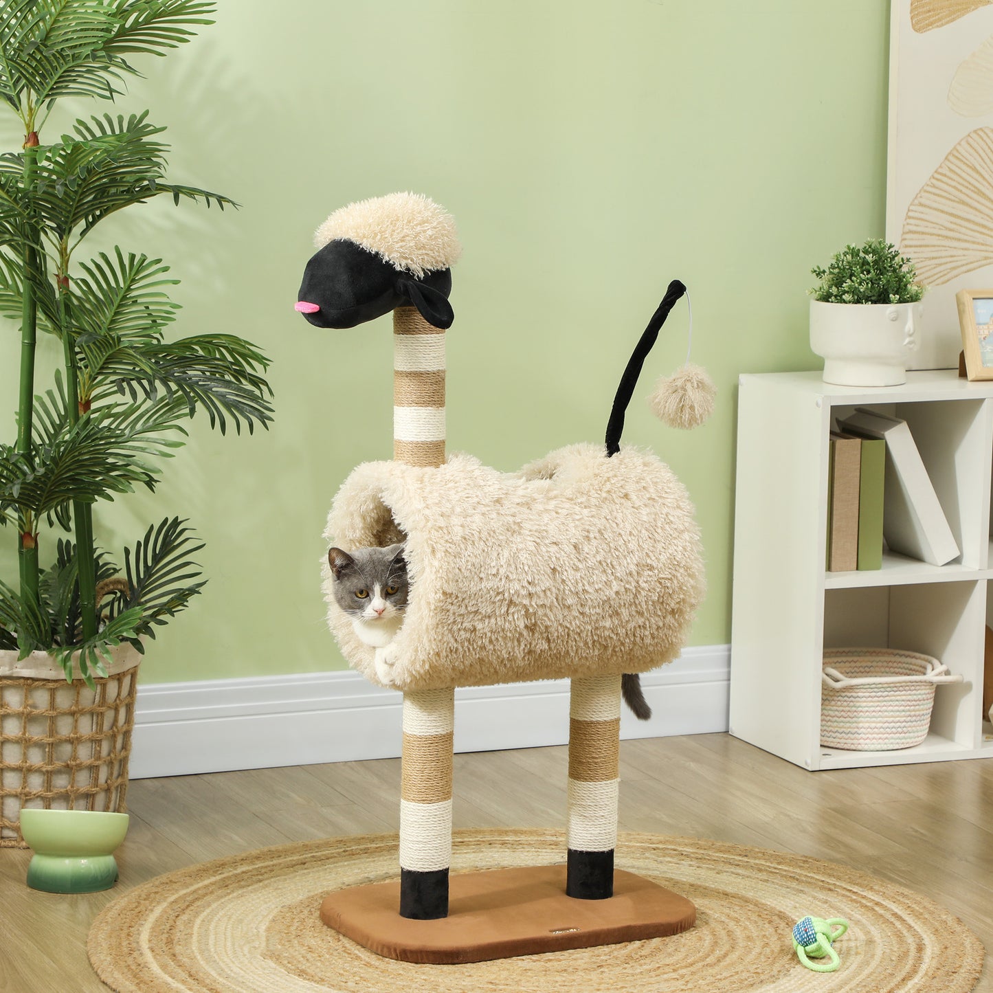 Cat Tree Sheep Design, 98 cm Multi-Level Cat Tower with Scratching Posts, Tunnel & Play Ball, Light Brown