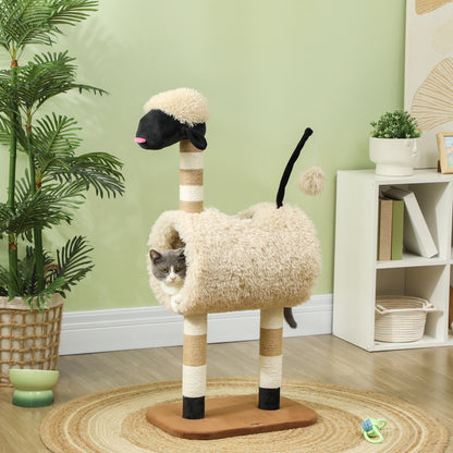Cat Tree Sheep Design, 98 cm Multi-Level Cat Tower with Scratching Posts, Tunnel & Play Ball, Light Brown