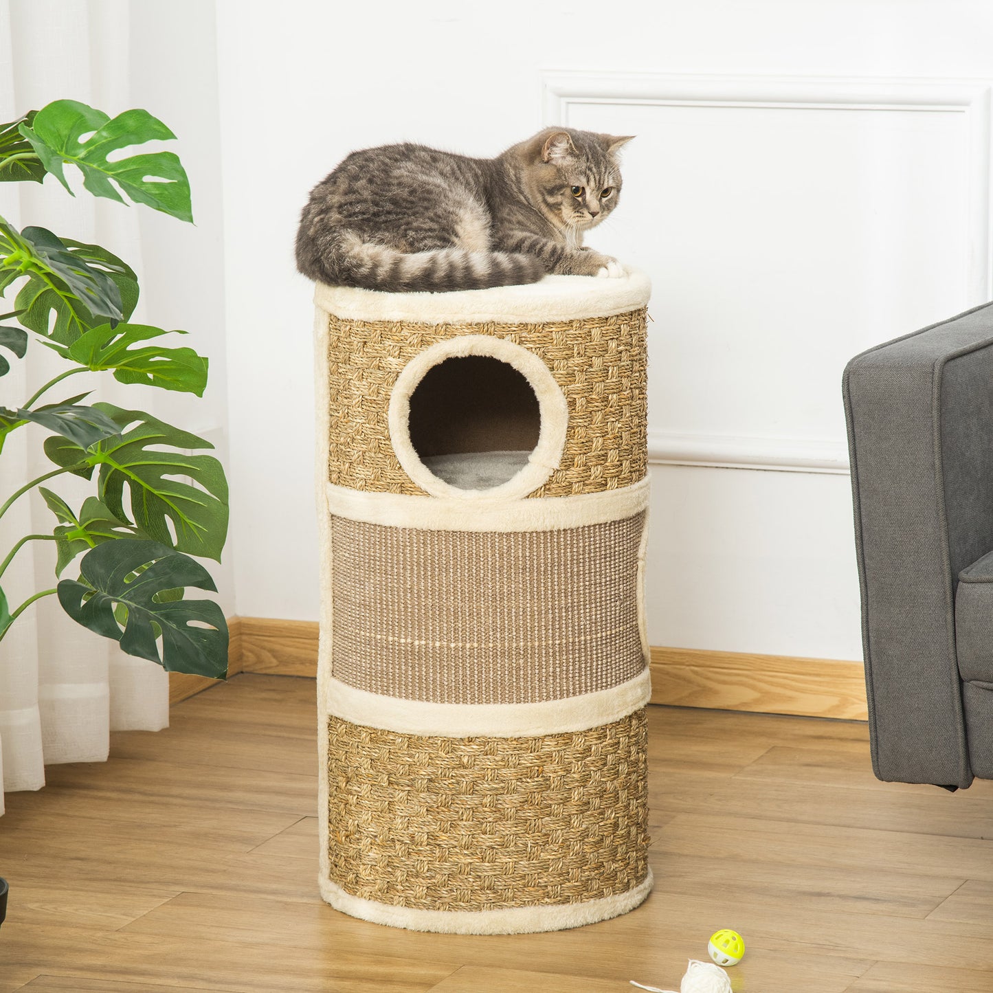 Cat Scratching Barrel Kitten Tree Tower for Indoor Cats Pet Furniture Climbing Frame Covered with Sisal and Seaweed Rope Cozy
