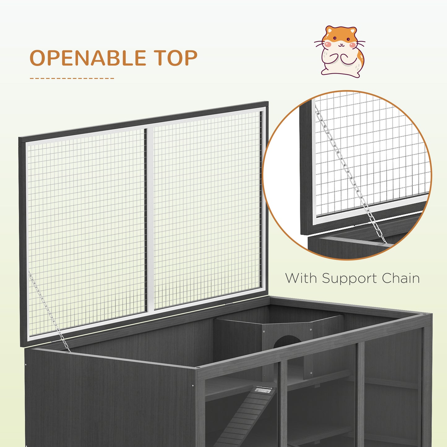 Wooden Hamster Cage, Small Animals Hutch with Tray, Openable Top, Exercise Play House Pen, 115L x 57W x 55Hcm, Grey