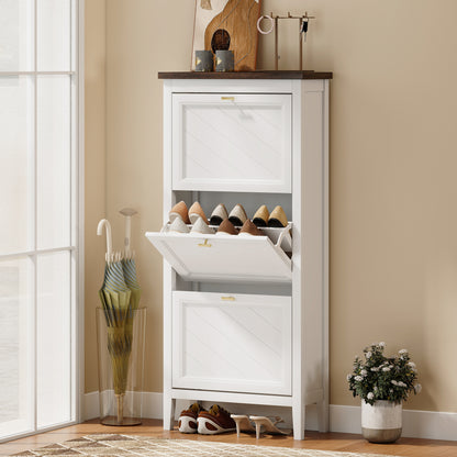 Shoe Cabinet with 3 Flip Drawers, Farmhouse Narrow Shoe Storage Cabinet with Adjustable Shelves, White
