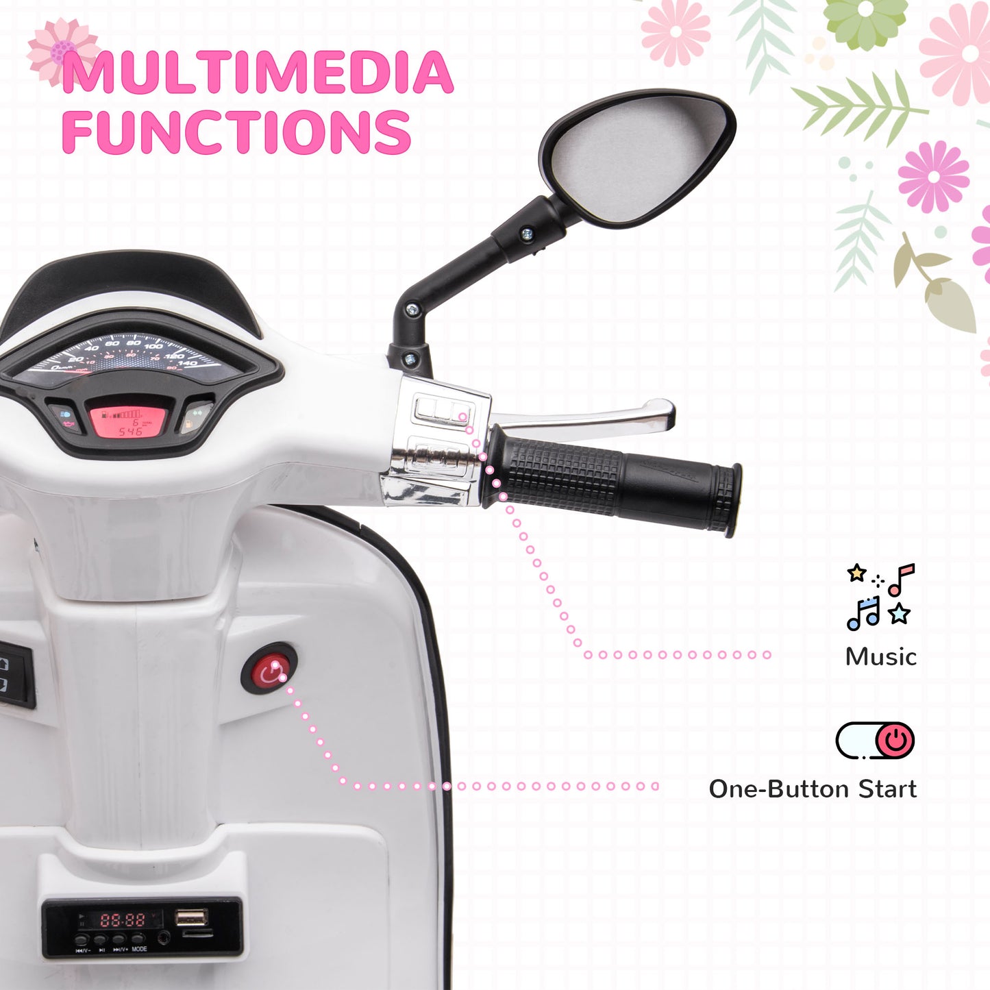 12V Vespa Licensed Kids Electric Motorbike w/ Music, Lights, FM Radio, for 3-6 Years - White