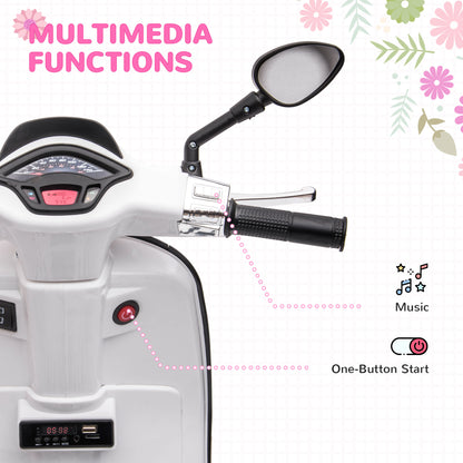 12V Vespa Licensed Kids Electric Motorbike w/ Music, Lights, FM Radio, for 3-6 Years - White