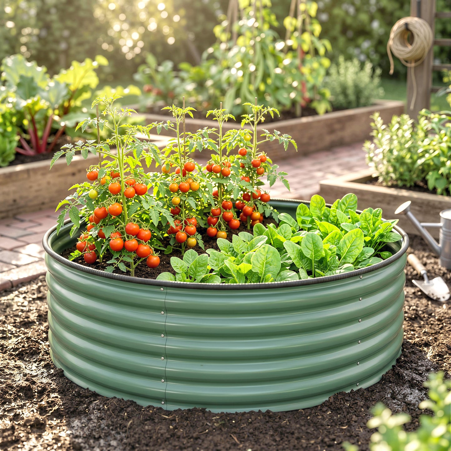 Galvanised Raised Garden Bed with Safety Edging, Outdoor Raised Planter Box with Gloves, 120 x 120 x 43cm, Light Green