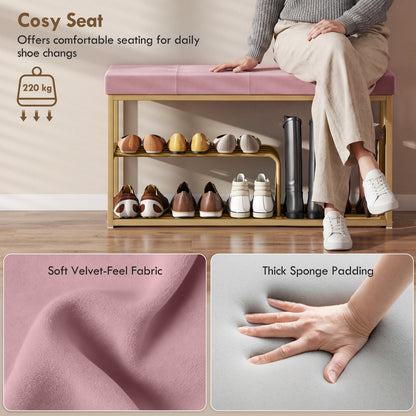 Bench and Shoe Storage, Tufted Shoe Storage Bench with Velvet Seat Cushion Gold Steel Frame for Entryway, Pink