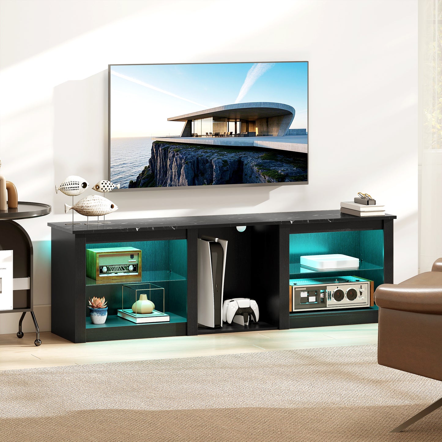 70" TV Stand, with LED Lights and Storage - Black