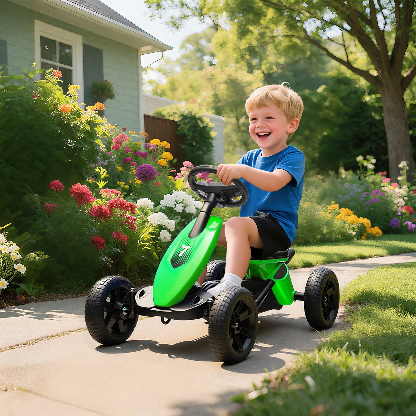 Pedal Go Kart for Kids 2-5 Years, with Silent EVA Wheels, Metal Frame, Green