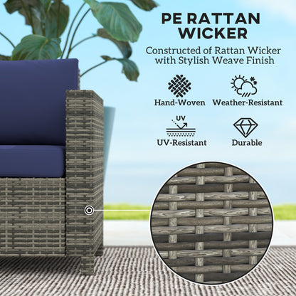 Rattan Sofa, 2 Seater Garden Furniture with Soft Padded Cushion and Armrests, Wicker Garden Loveseat for Patio, Navy Blue