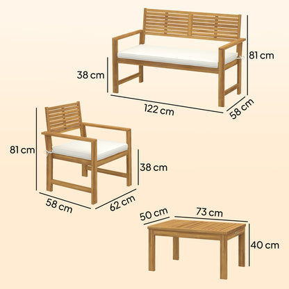 4 Seater Wooden Garden Furniture Set with Loveseat, Armchairs, Table, Acacia Wood Garden Sofa Set, Cream White