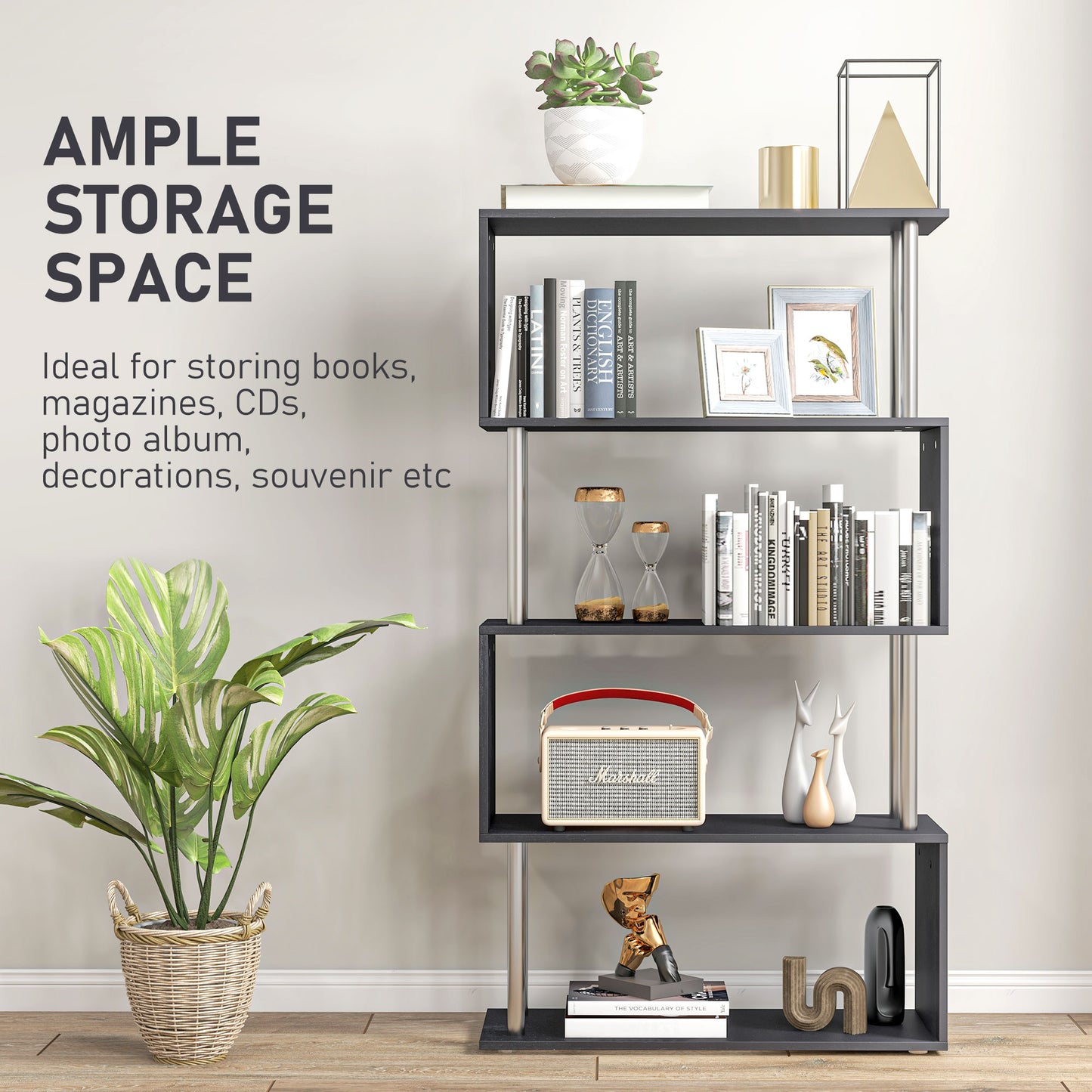 S Shape Bookcase, 5 Tiers Bookshelf, Modern Freestanding Storage Shelf for Home Office, Study, Living Room