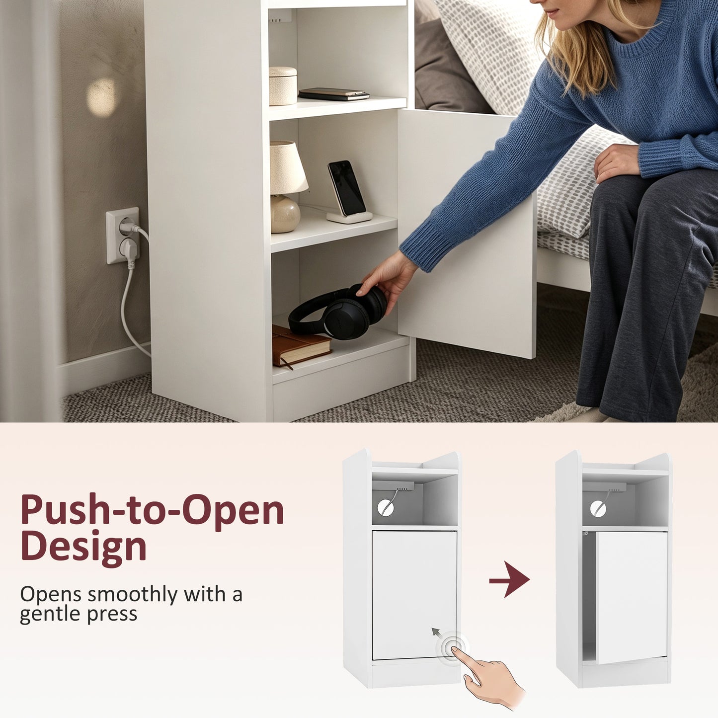Slim Bedside Table Set of 2 with Charging Station, Narrow Bedside Cabinet with Adjustable Shelf, White