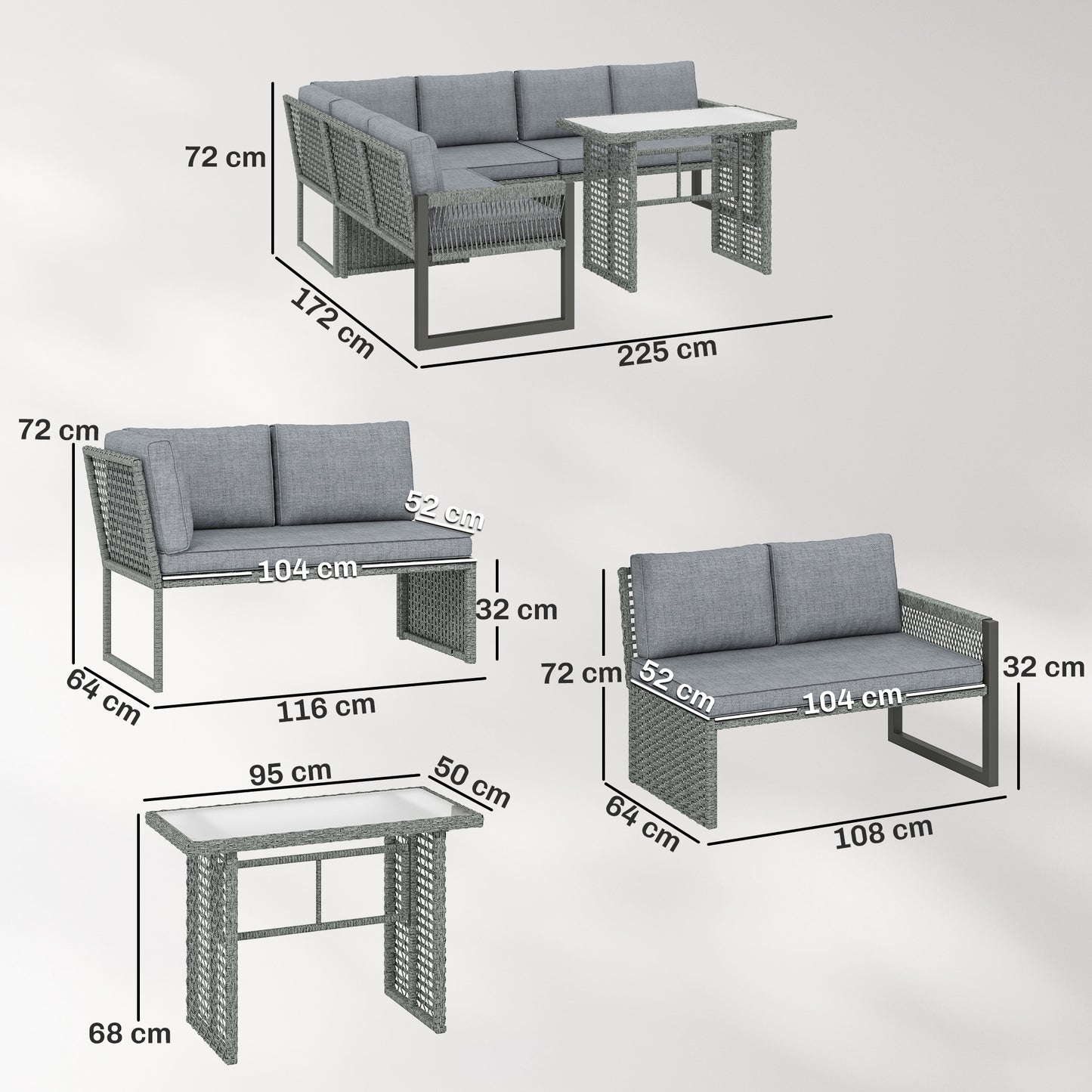 6 Seater Rattan Garden Furniture Set with 3 Loveseats, Table, Patio Rattan Corner Sofa Set, Grey