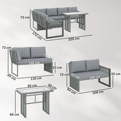 6 Seater Rattan Garden Furniture Set with 3 Loveseats, Table, Patio Rattan Corner Sofa Set, Grey