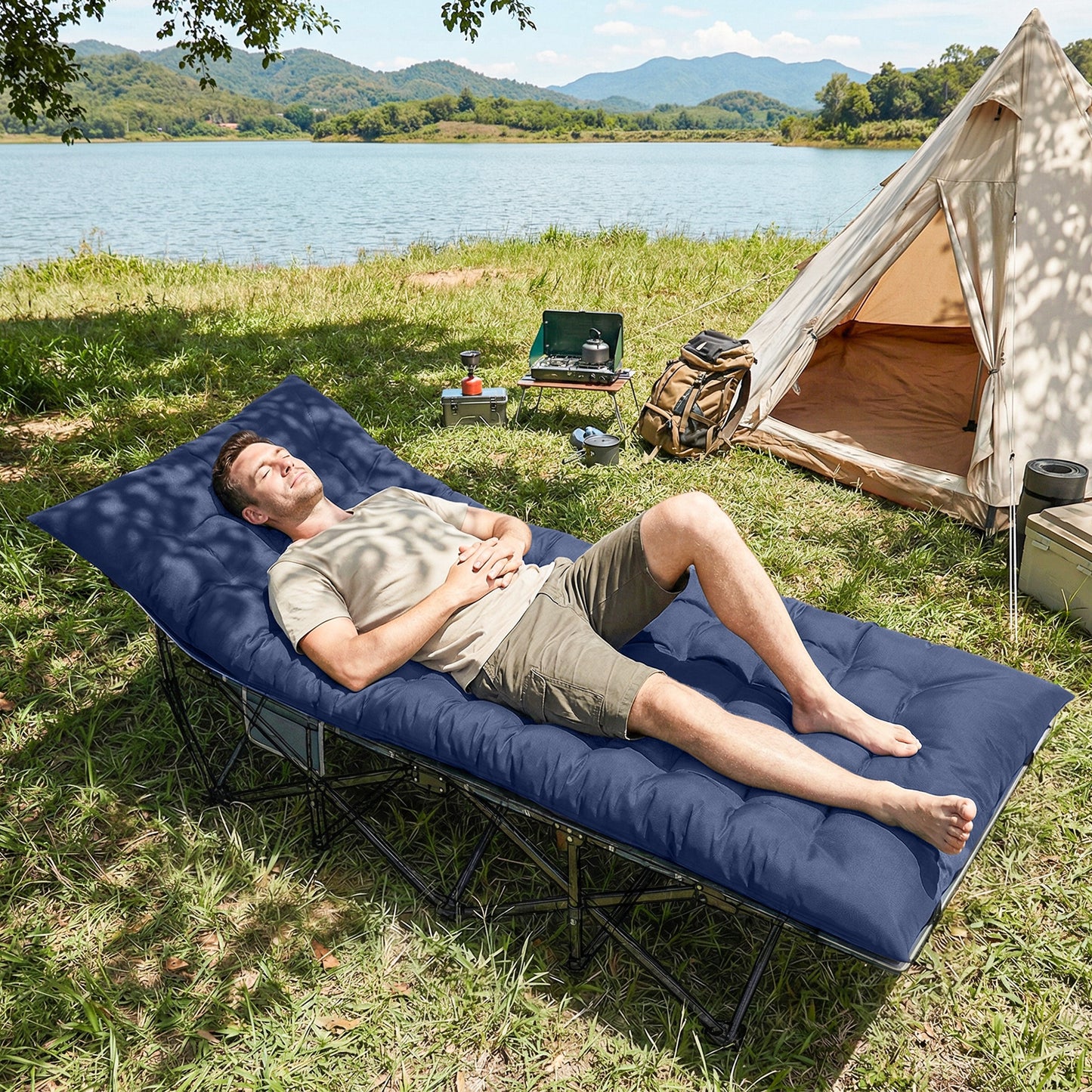 Sleeping Mat, Foldable Camping Mattress Pad with Four Corner Elastic Straps, Dark Blue