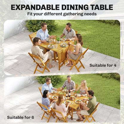 7 Pieces Garden Dining Set, Extending Dining Table and 6 Folding Chairs with Umbrella Hole for Patio, Natural Wood