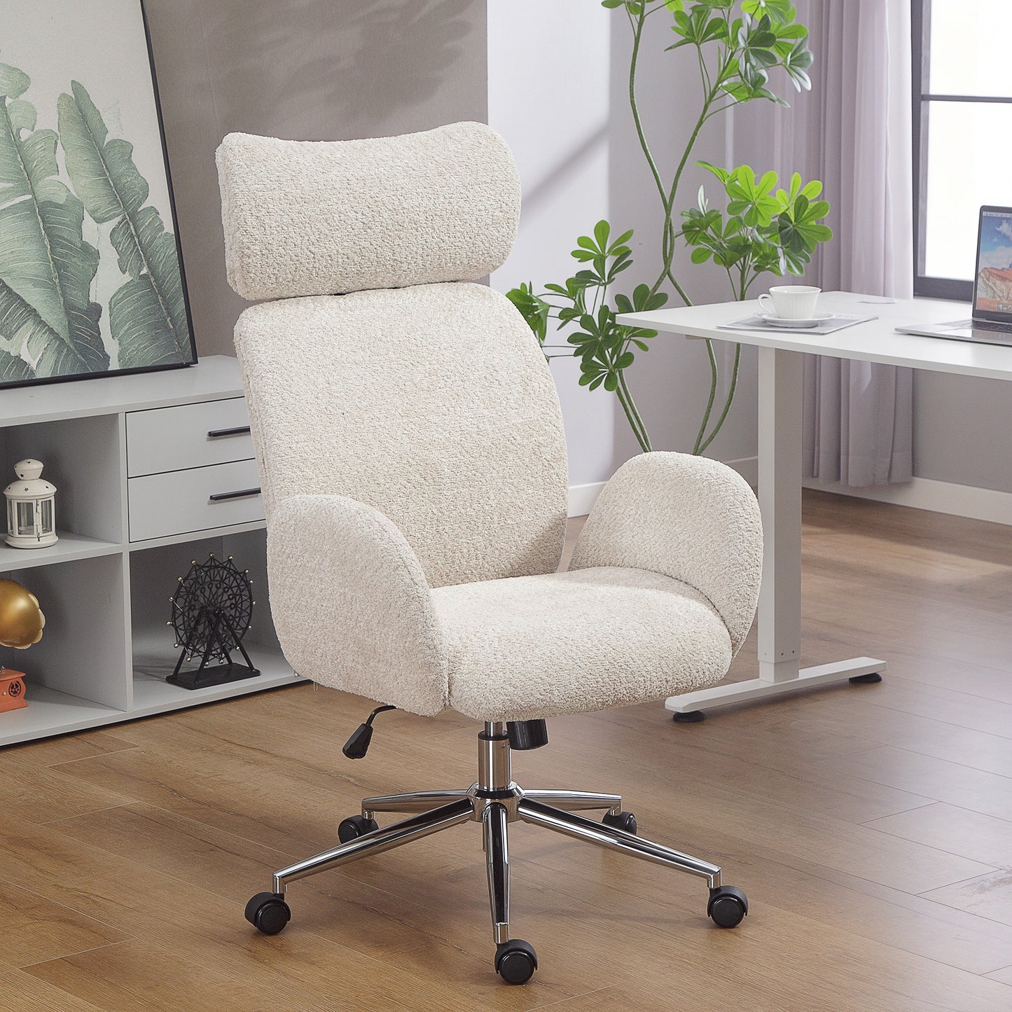 Office Chair with Adjustable Headrest, Spring Pack, Curved Line, Boucle Fabric - Pale Grey