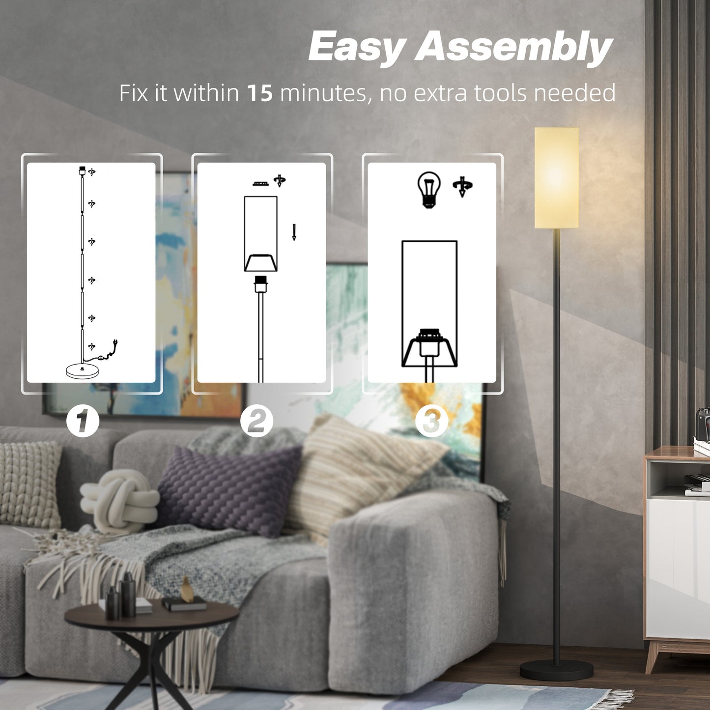 Floor Lamp for Living Room, Modern Standing Lamp with Linen Shade & Foot Switch, Minimalist Tall Pole Lampshade for Bedroom