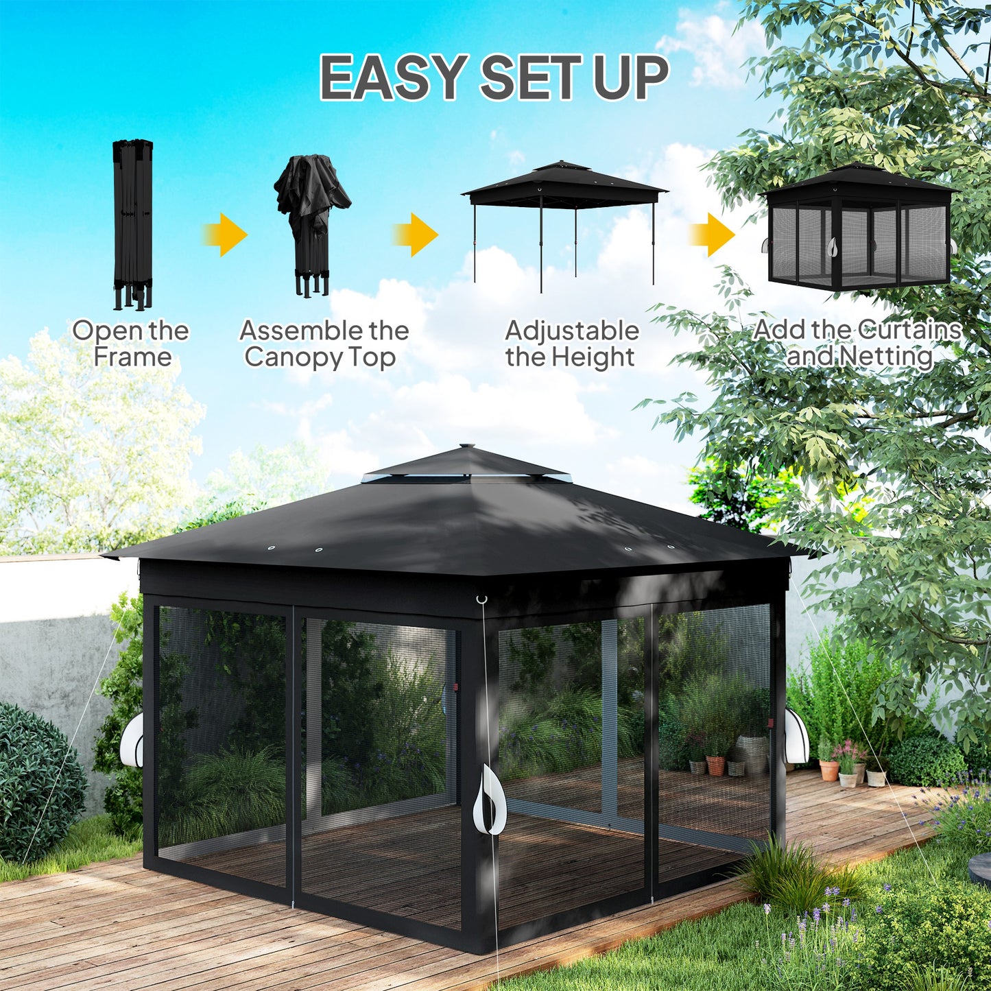 3.36 x 3.36m Pop Up Gazebo Party Tent with Solar-Powered LED Lights, Adjustable Event Shelter with Netting, Black
