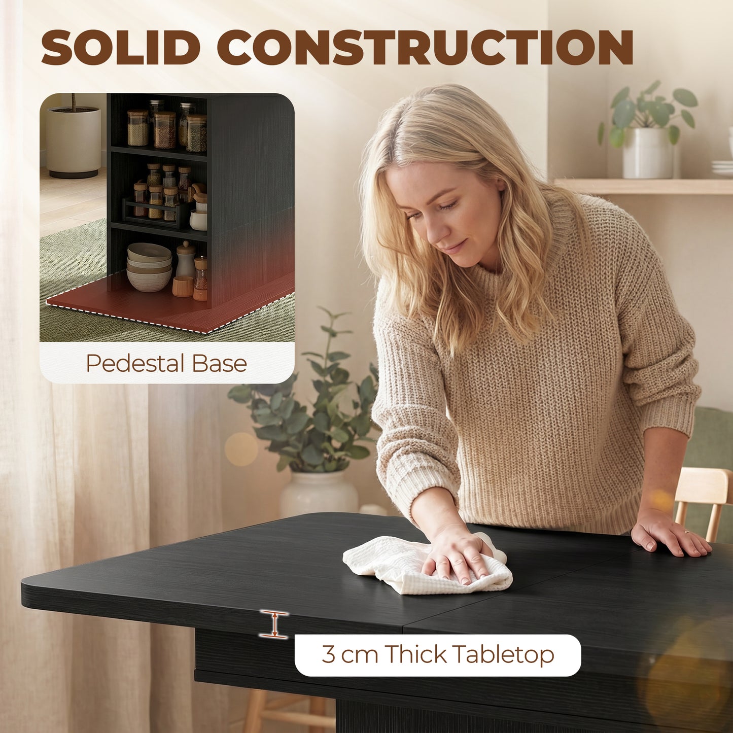 Extendable Dining Table for 4-6 People, 110-130cm Kitchen Table with 6 Open Shelves, Black