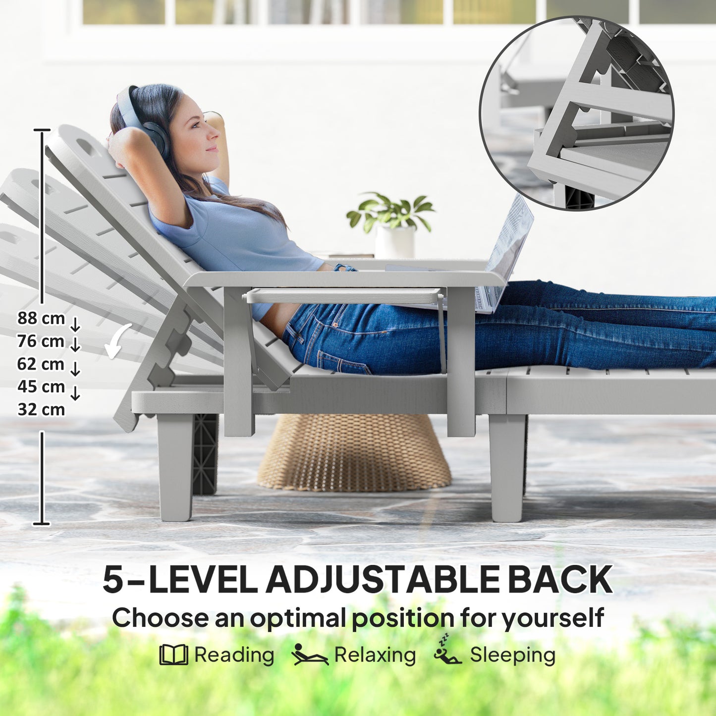 Set of 2 Reclining Sun Loungers, 5 Positions Adjustable Outdoor Chaise Lounge Chair with Armrests, Light Grey