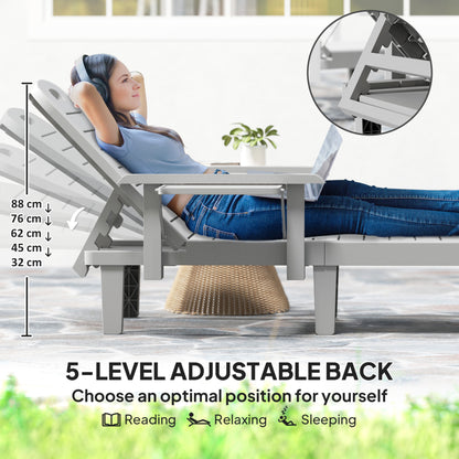 Set of 2 Reclining Sun Loungers, 5 Positions Adjustable Outdoor Chaise Lounge Chair with Armrests, Light Grey