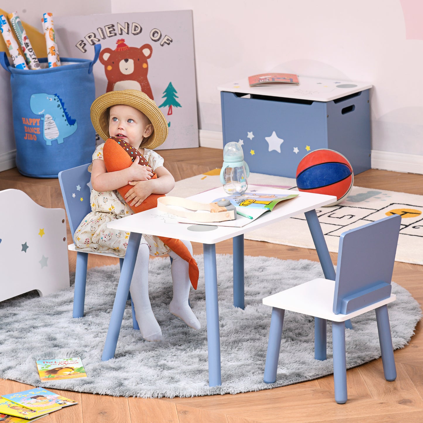 3 Pcs Kids Table & Chairs Set w/ Wood Legs Safe Corners Cute Stars Seating Mini Furniture Home Playroom Bedroom Dining Room B