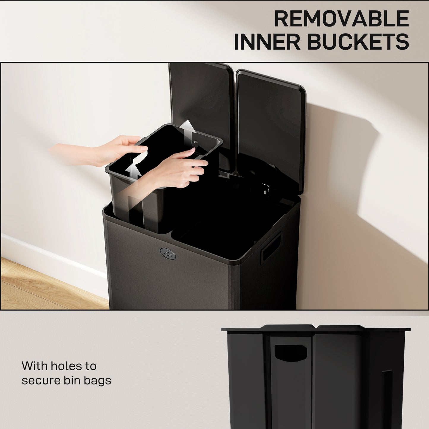 56L Dual Compartment Stainless Steel Bin, with Deodoriser Holders - Black