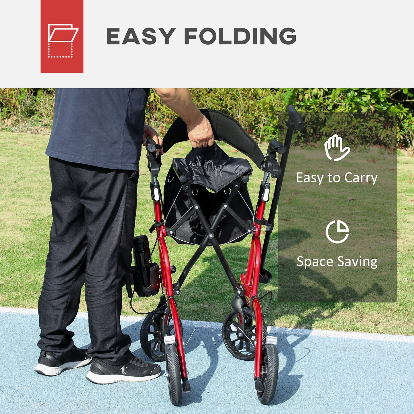 Lightweight Walking Frame, Folding Rollator Walker with Seat and Backrest, Red
