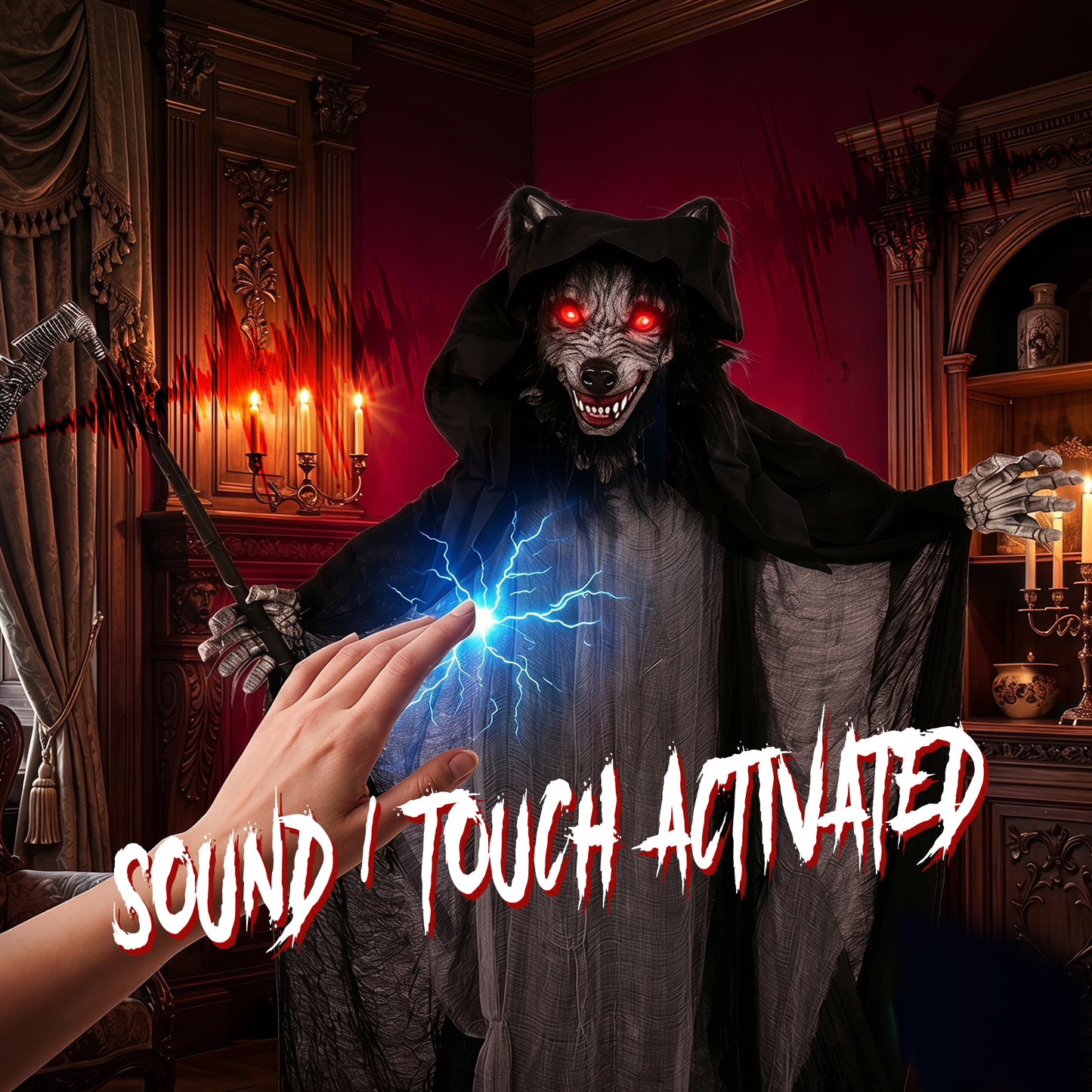 Halloween Standing Werewolf Animated Decoration with Light-Up Eyes, Sound and Touch Activated
