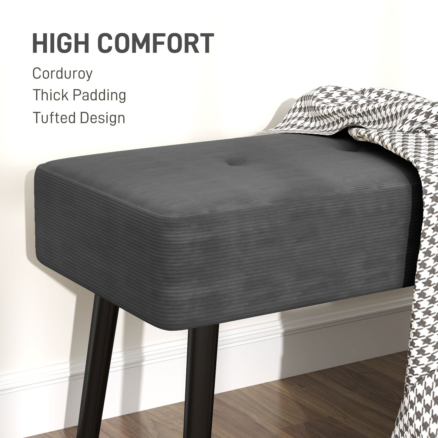 End of Bed Bench, Corduroy Bedroom Bench with Thick Padding and Steel Legs, Tufted Window Seat for Entryway, Living Room