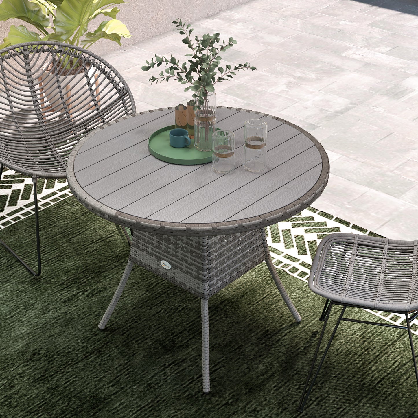 90 cm Wood-Effect Rattan Garden Table - Grey