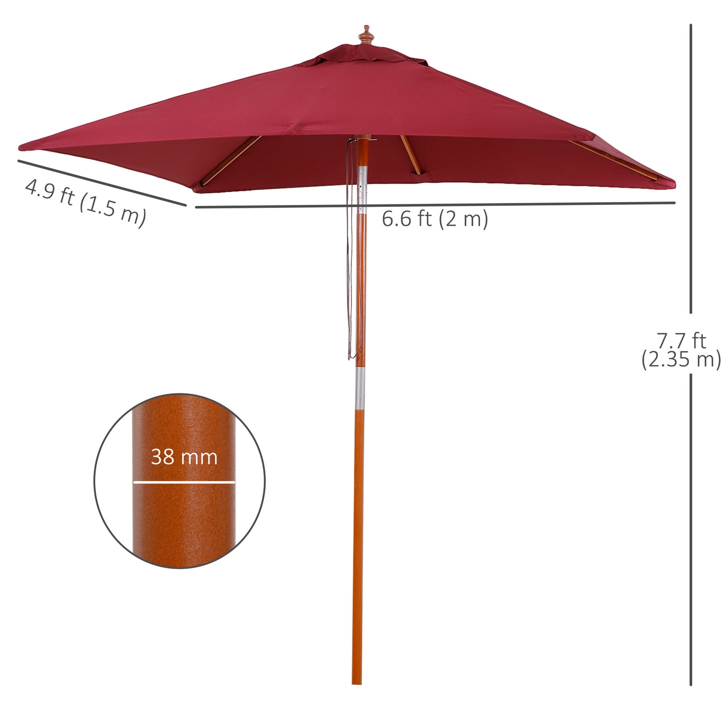 2m x 1.5m Garden Parasol Umbrella with Tilting Sunshade Canopy, Outdoor Market Table Umbrella with Wood and Bamboo Frame