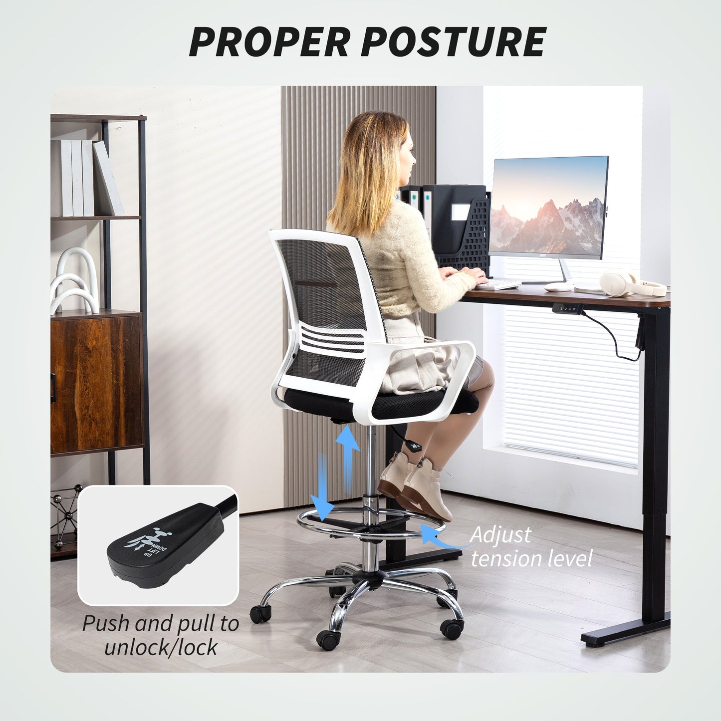 Draughtsman Chair, Mesh Drafting Chair, Ergonomic Office Chair with Lumbar Support, Adjustable Foot Ring, Black