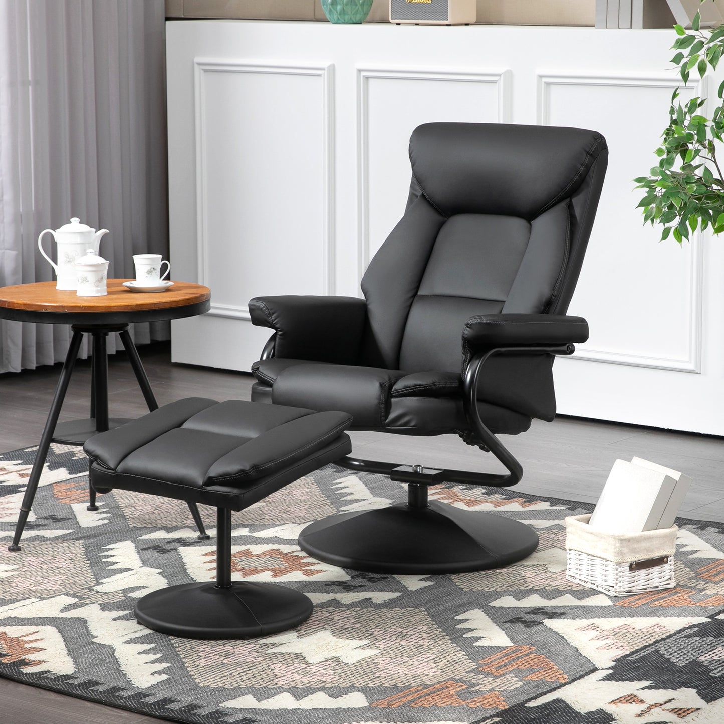 Swivel Recliner Chair with Footstool, PU Leather Recliner Armchair with Ottoman, Steel Base